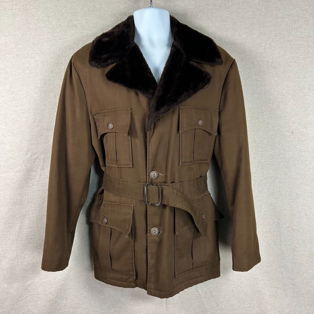 Vintage Shanhouse Mens Canvas Barn Coat Size 44 Chore Jacket Faux Fur Lined Belt
